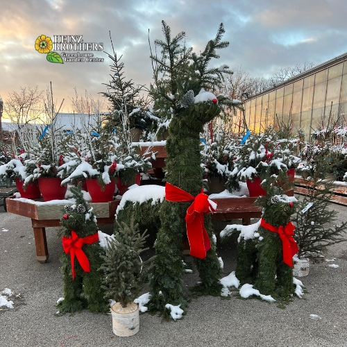 Heinz Brothers reindeer statues and holiday decorations