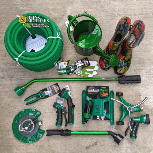 Green lawn and garden tools and supplies