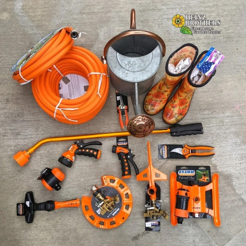 Orange lawn and garden tools and supplies