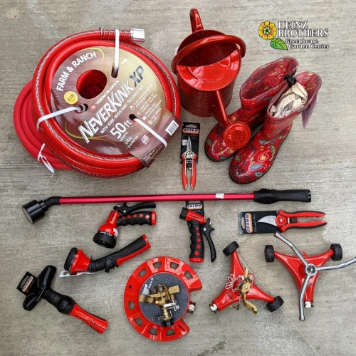 Red lawn and garden tools and supplies