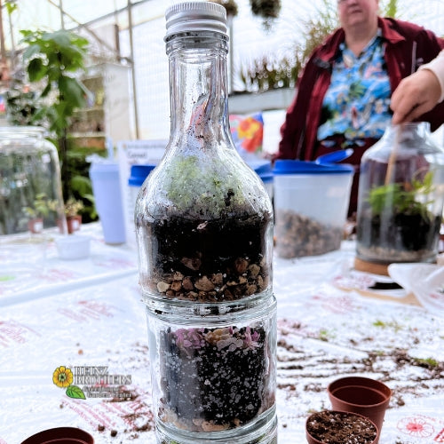 A bottle with soil inside of the garden center at Heinz Brothers