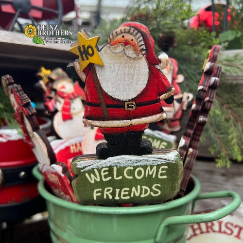 metal welcome friends santa plant pick 