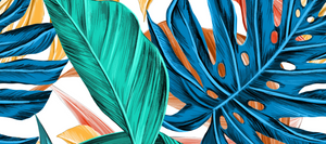 colorful graphic of tropical plant leaves