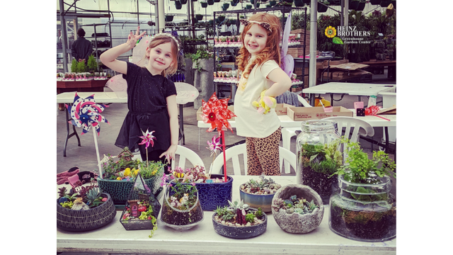 girls showing their fairy garden creations lined up on a table
