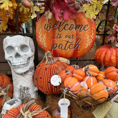 Decorative display with beaded and artificial pumpkins, a skull concrete planter, and a 'welcome to our patch' wall sign.
