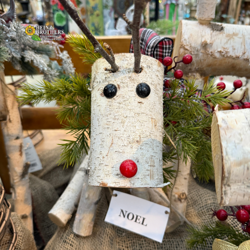 custom heinz brothers greenhouse garden center Birch bark reindeer decoration with a 'NOEL' tag, surrounded by Christmas decor