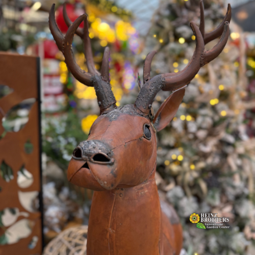 large metal reindeer sculpture on display with festive christmas tree in blurred background