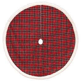 Christmas Tree Skirt, Red Plaid/White Faux Fur, 48-In.